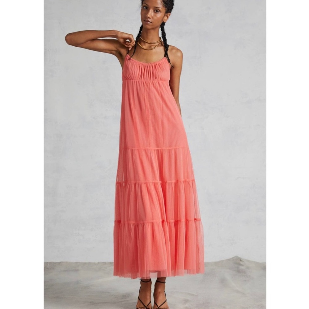 New Anthropologie Maeve Tulle Midi Dress $220 Medium Coral